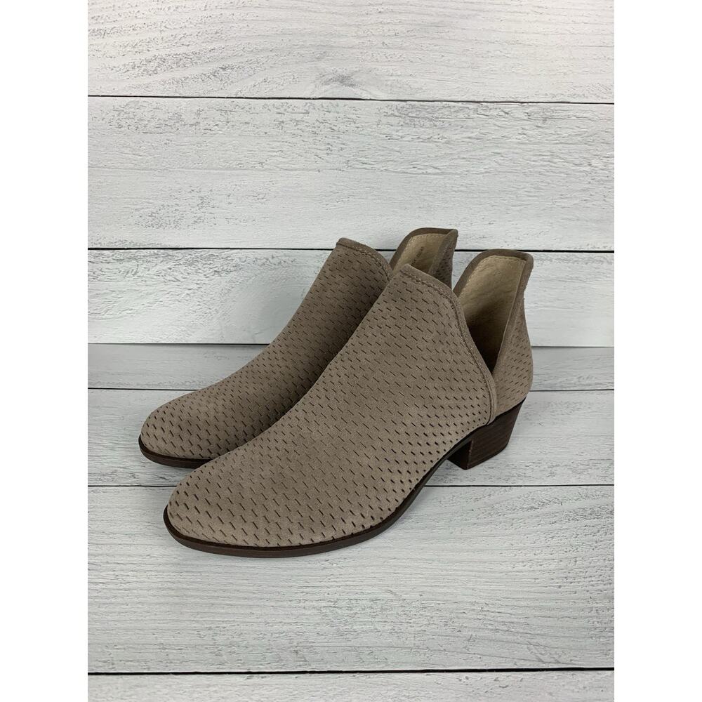 Lucky Brand Women's Size 9 M Baley Perforated Brindle Suede Taupe Ankle Booties
